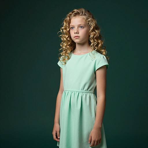 Photograph of a young blonde girl with curly hair, wearing a light mint green dress, standing against a dark green background.