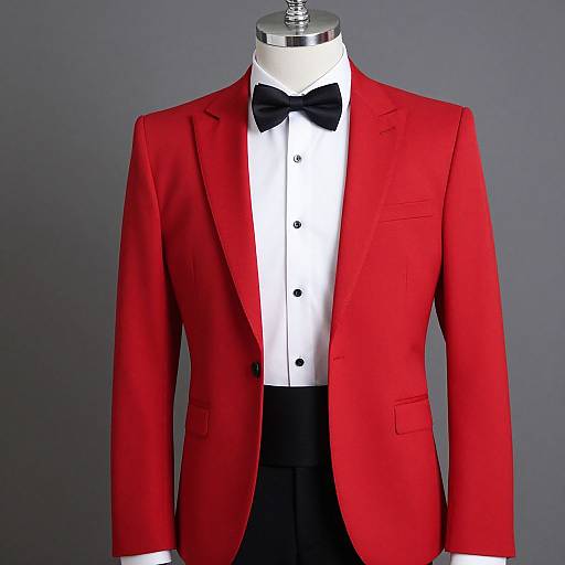 Photograph of a silver mannequin wearing a bright red tuxedo jacket, white dress shirt, black bow tie, and black trousers.