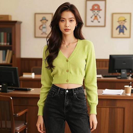 Woman in Lime Green Cardigan in Vintage Office
