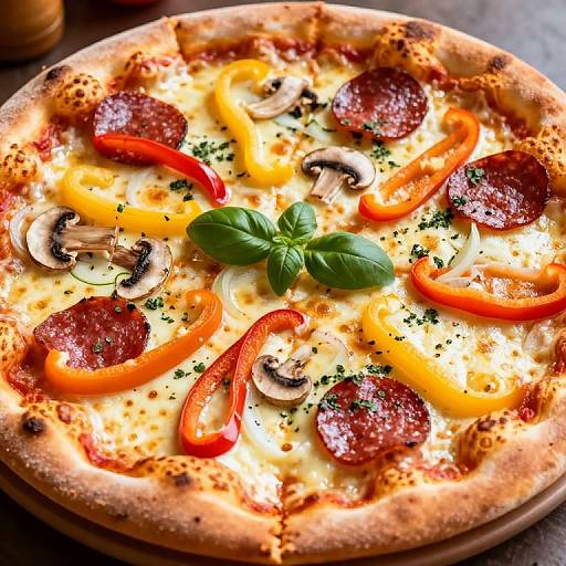 Photograph of a vibrant pizza topped with pepperoni, yellow and red bell peppers, mushrooms, basil, and melted cheese, garnished with green herbs