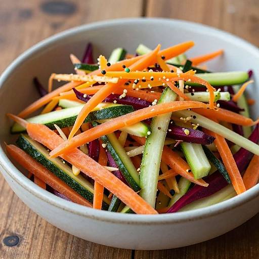 Photograph of a colorful salad in a white bowl, featuring orange carrot, green cucumber, and purple beetroot slices, sprinkled with sesame seeds,