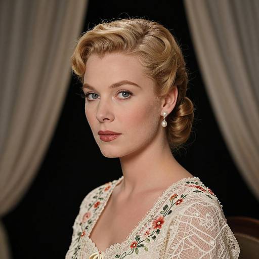 Photograph of a blonde woman with vintage-style curled hair, wearing a lace floral dress, pearl earrings, and red lipstick, against a dark background with
