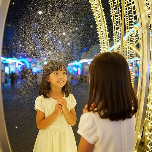 Photograph of two young Asian girls in white dresses, one looking into a sparkly mirror, surrounded by glowing fairy lights at a nighttime festival.