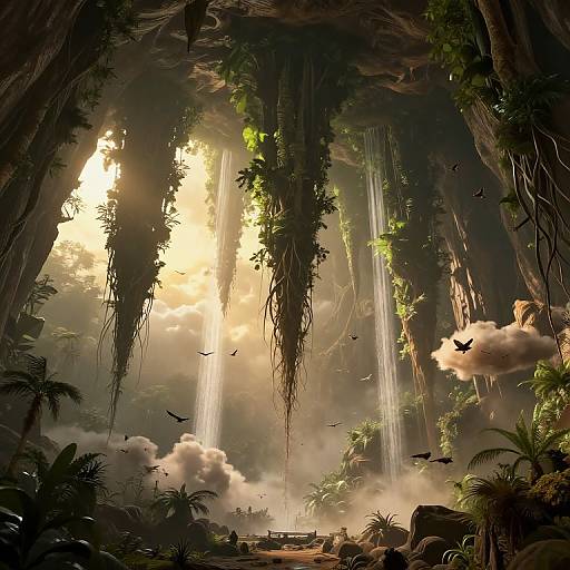 Digital fantasy artwork of a lush, misty cave with towering waterfalls, hanging vines, and birds. Sunlight filters through, illuminating dense jungle