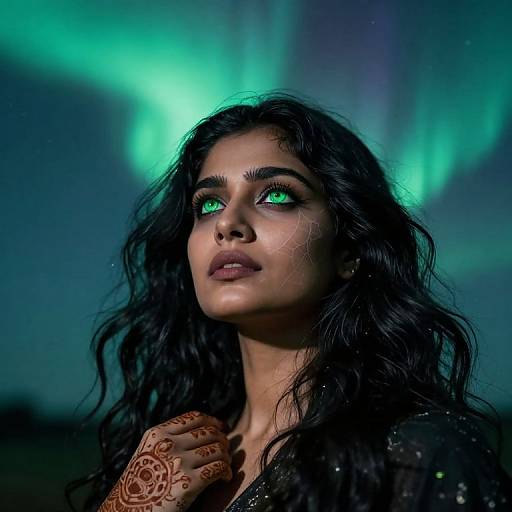 Photograph of a woman with long, wavy black hair, glowing green eyes, dark makeup, intricate henna on her hand, against a backdrop