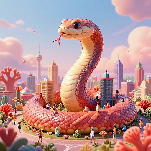 Digital art of a massive, red and orange-scaled snake coiling in a vibrant cityscape with tiny people, colorful flowers, and a bright pink