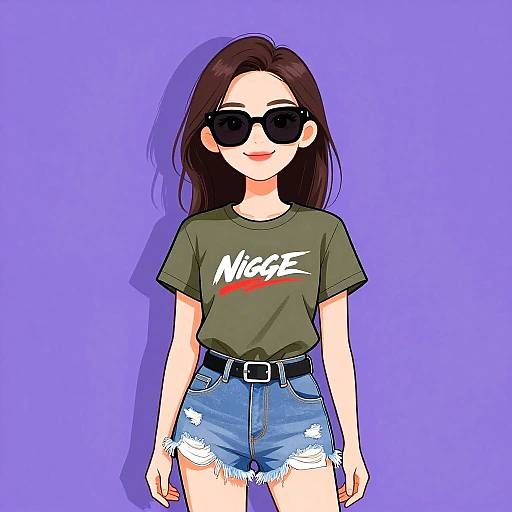 Digital anime-style drawing of a young woman with long brown hair, black sunglasses, green 