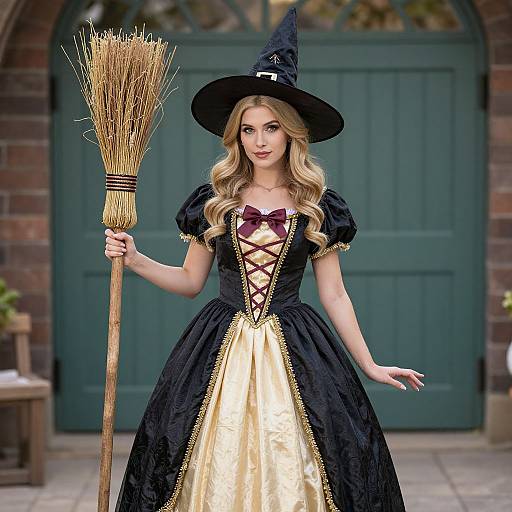 Photograph of a blonde woman in a black witch dress with gold trim, holding a broom, standing in front of a green door.