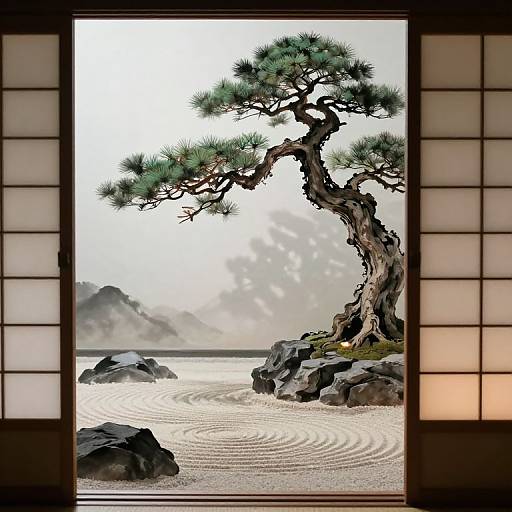 Photograph of a serene Japanese garden viewed through shoji screens: a twisted pine tree over calm water with ripples, surrounded by rocks, misty