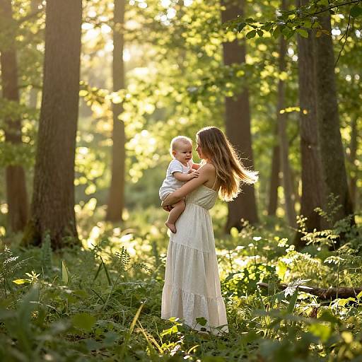 Photograph of a blonde woman in a white dress holding a smiling bald baby in a sunlit forest with tall trees.