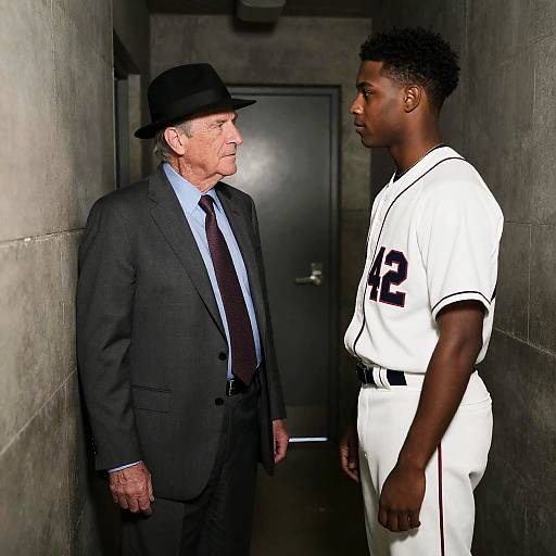 Older Man and Baseball Player in Narrow Hallway