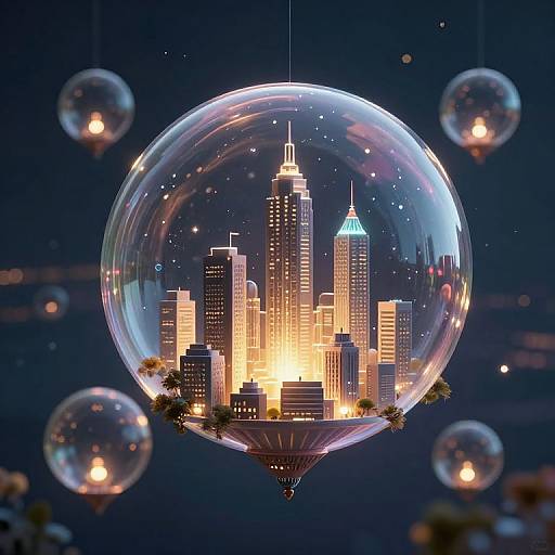Photograph of a glass bubble pendant with a glowing, illuminated cityscape inside, surrounded by five hanging crystal bulbs against a dark blue background.