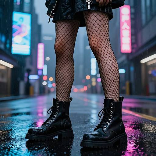 Photograph of a city street at night, showcasing a person's fishnet-covered legs in black lace-up boots, with neon lights reflecting off the wet