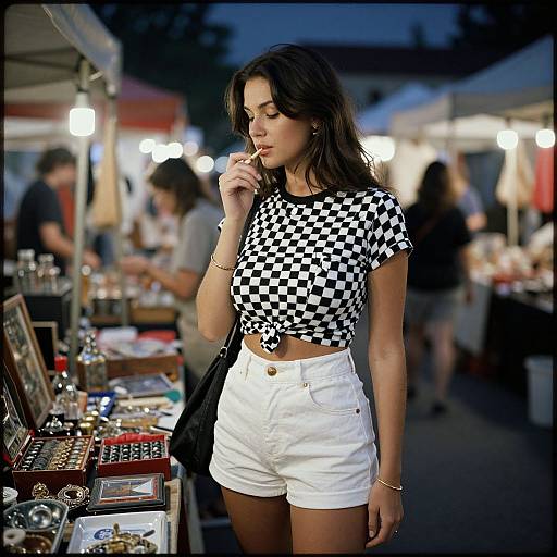 Photograph of a young woman with dark hair, wearing a black-and-white checkered top and white shorts, smoking at an outdoor market stall filled with