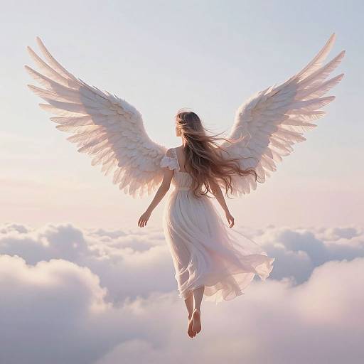 Photograph of a winged angel with long brown hair, wearing a flowing white dress, floating among fluffy pink and white clouds.