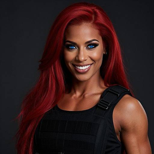 Photograph of a smiling woman with vibrant red hair, blue contact lenses, and a black sleeveless top, against a dark background.