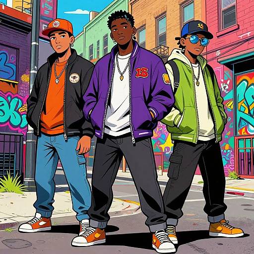 Digital illustration of three Black men in urban streetwear, standing confidently on a graffiti-covered street corner, wearing colorful jackets and hats.
