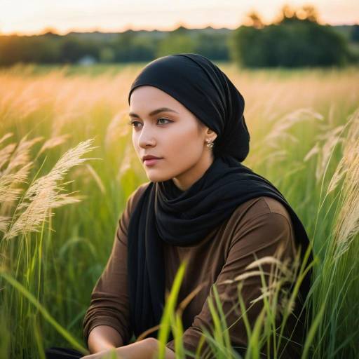 Young Woman in Black Hijab Sitting in Field