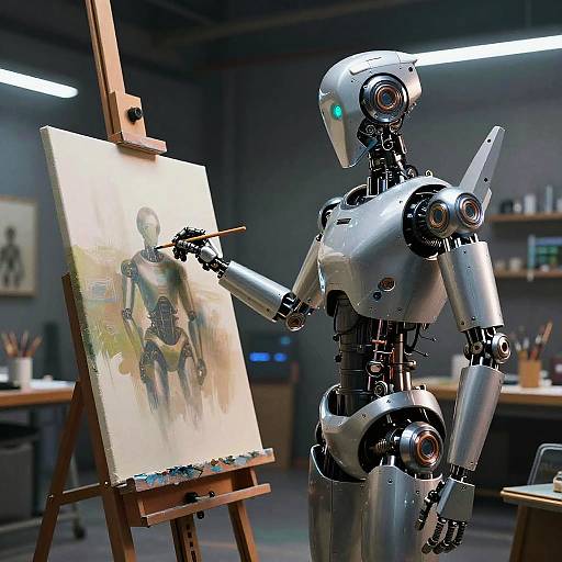Photograph of a futuristic silver robot painting a portrait on an easel in a dimly lit, modern art studio.