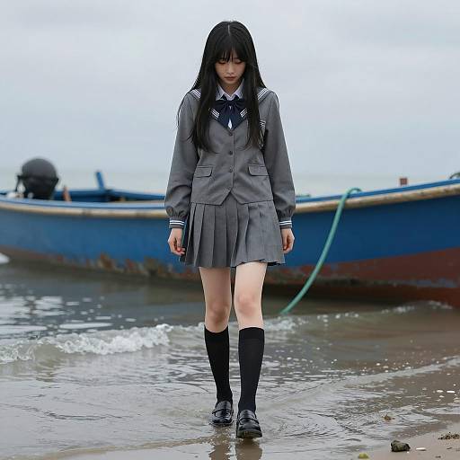 Young woman in grey school uniform by the sea