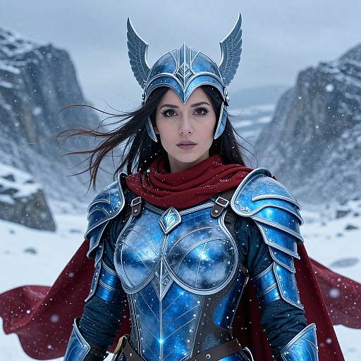 Photorealistic digital artwork of a fierce, fair-skinned woman in silver medieval armor with wings on her helmet, red scarf, and snowy mountainous