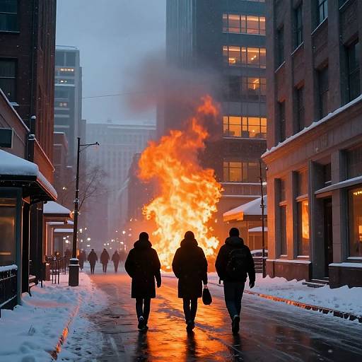 Photograph of three silhouetted people walking past a large fire in a snowy city street, glowing orange flames contrasting with blue sky and dark buildings