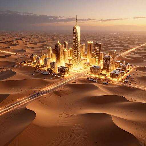 Aerial photograph of a futuristic cityscape with illuminated skyscrapers at sunset, surrounded by expansive, undulating desert dunes.