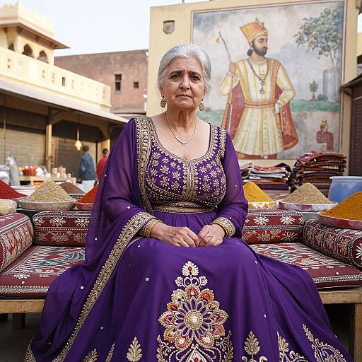 Photograph of an elderly Indian woman in a rich purple embroidered saree, sitting in a market with colorful spice piles and a painted mural of a king