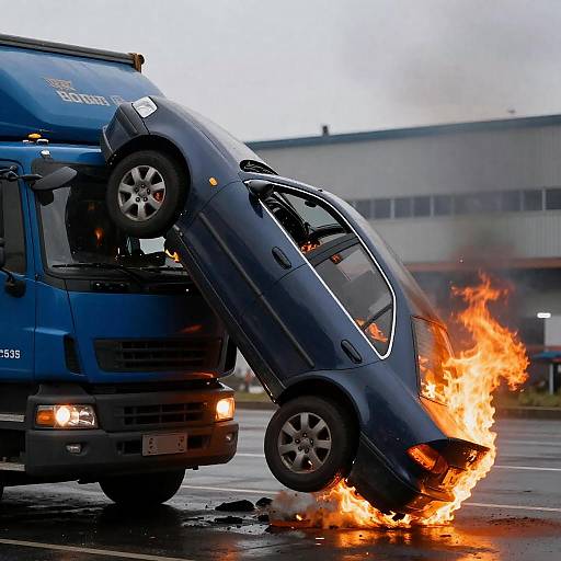 Flaming Sedan Flip After Truck Collision