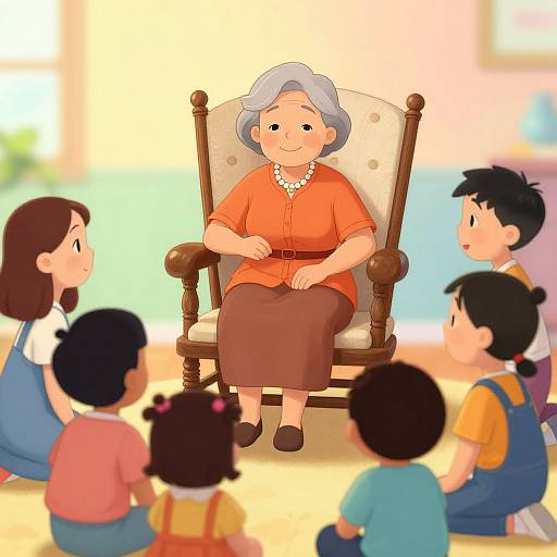 Digital illustration of a smiling elderly woman with gray hair, orange dress, and brown skirt, sitting in a wooden chair, surrounded by six children sitting attent