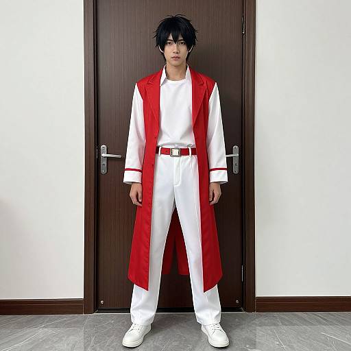 Photograph of an Asian man with black hair, wearing a white outfit with red trim, red vest, and white shoes, standing in front of a