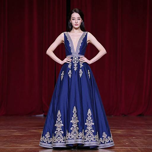 Photograph of an Asian woman with long black hair, wearing an elegant navy blue ball gown with white floral embroidery, standing confidently against a red curtain backdrop