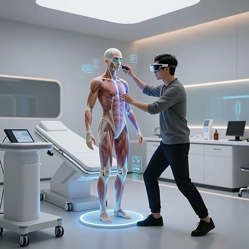 Photorealistic CGI of a scientist in VR, interacting with a holographic, anatomically detailed male human figure in a futuristic lab.