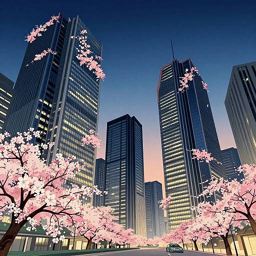 Digital illustration of a cityscape at dusk, featuring tall skyscrapers with illuminated windows, surrounded by pink cherry blossom trees.