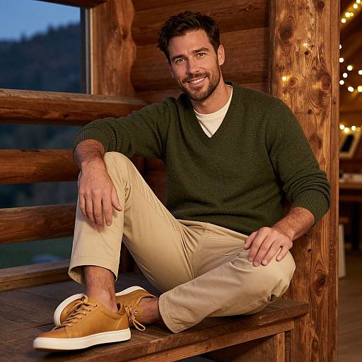 Photograph of a smiling, bearded man with short brown hair, wearing a dark green sweater, beige pants, and tan shoes, sitting on a