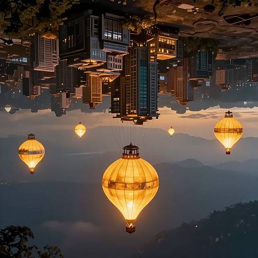 Photograph of glowing hot air balloons floating above a foggy, cityscape with illuminated skyscrapers at dusk, creating a magical, ethereal atmosphere