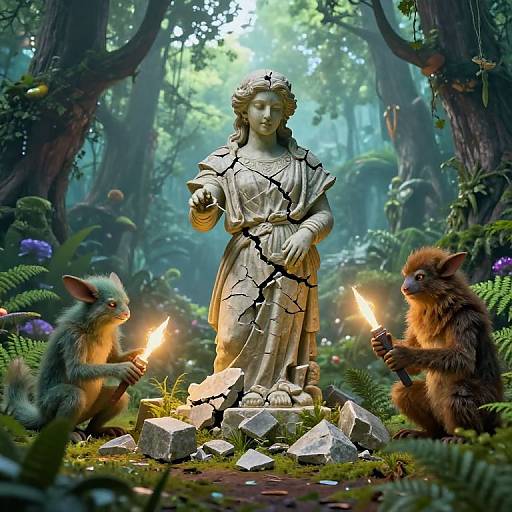 Digital artwork of a cracked stone statue in a magical forest, surrounded by two glowing-torched fairy-like creatures holding fire.
