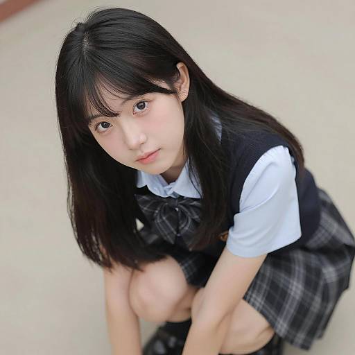 Portrait of a Kneeling Asian Schoolgirl