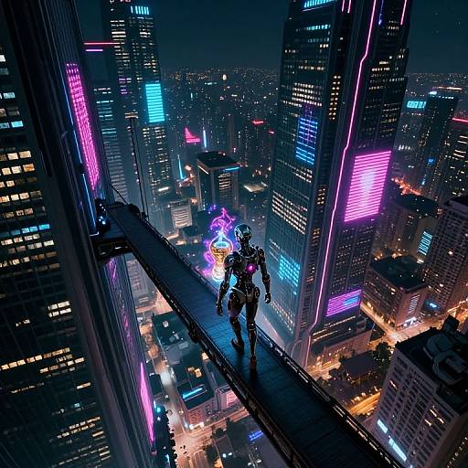 Cyberpunk cityscape at night: a lone, neon-lit figure stands on a high rooftop bridge, overlooking colorful, towering skyscrapers with