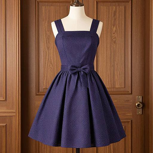 Photograph of a navy blue, polka-dotted, sleeveless dress with a square neckline and waist tie, displayed on a mannequin against