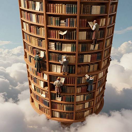 Digital artwork of a towering, cylindrical wooden bookshelf floating in the sky, surrounded by clouds. Five men in suits and shirts browse through books on different