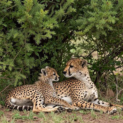 Photograph of two cheetahs with golden fur and black spots, lying closely together under a lush green bush in a sunlit savanna.