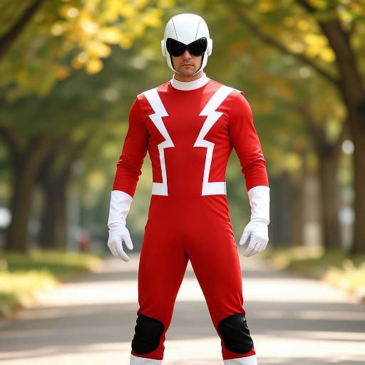 Photograph of a man in a red superhero suit with white lightning bolt patterns, white gloves, black boots, and helmet, standing on a sunlit
