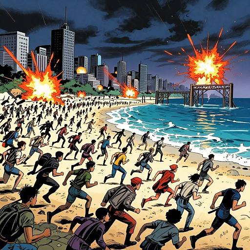 Comic-style drawing of a chaotic beach scene with explosions, fleeing people, and a city skyline under a stormy night sky.
