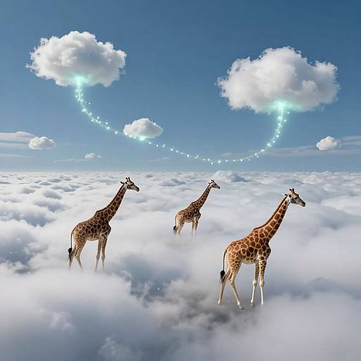 Digital artwork of three giraffes standing on fluffy white clouds, with glowing, connected clouds in a blue sky above.