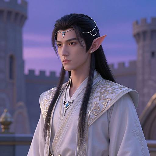 Digital artwork of a fair-skinned, long-haired elven man with pointed ears, wearing ornate white robes and a jeweled forehead chain, standing