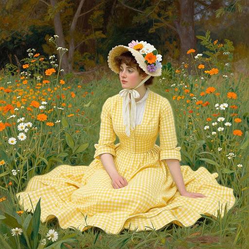 Digital painting of a fair-skinned woman in a yellow checkered Victorian dress and flower hat, sitting in a vibrant meadow with orange and white flowers