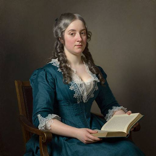 18th-century portrait of a fair-skinned woman with curly dark hair, wearing a black lace-trimmed dress, seated and reading a book against