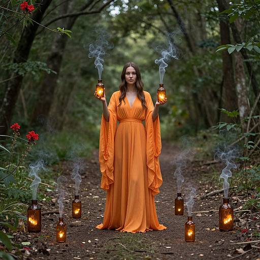 Photograph of a woman in a flowing orange dress, holding lanterns, standing on a forest path with glowing lanterns and smoke.