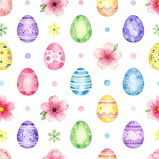 Watercolor illustration of colorful Easter eggs and pink flowers scattered on a white background, featuring various patterns and vibrant colors.